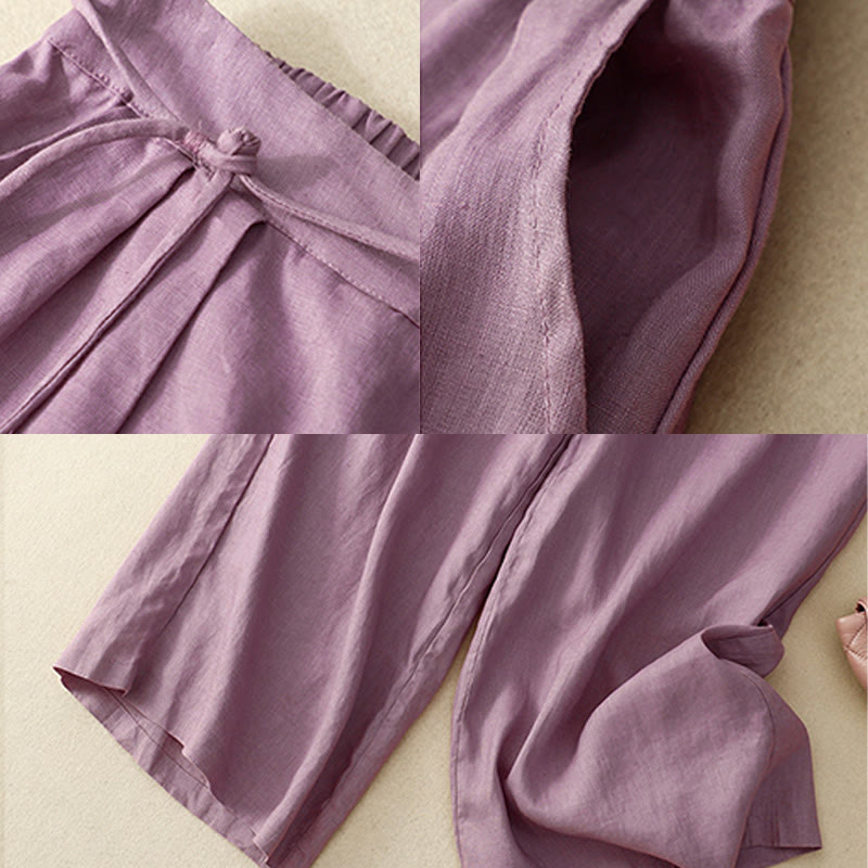 Buddha Stones Wiosna Casual Jednokolorowe Spodnie ze Sznurkiem Projekt Damskie Bawełniane Lniane Szerokie Nogawki 7-8 Długość Z Kieszeniami - image 2