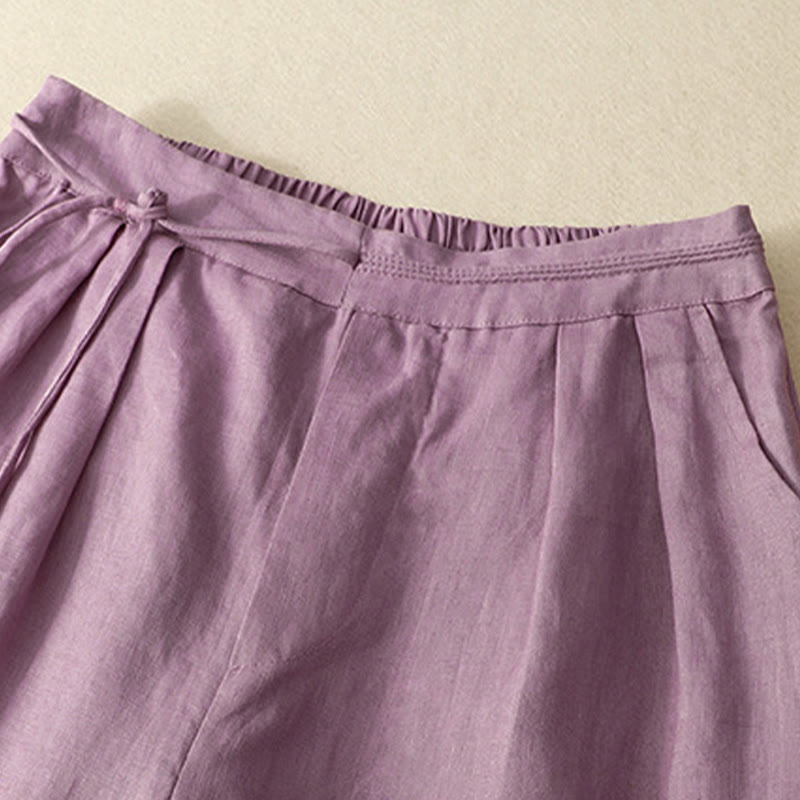 Buddha Stones Wiosna Casual Jednokolorowe Spodnie ze Sznurkiem Projekt Damskie Bawełniane Lniane Szerokie Nogawki 7-8 Długość Z Kieszeniami - image 1
