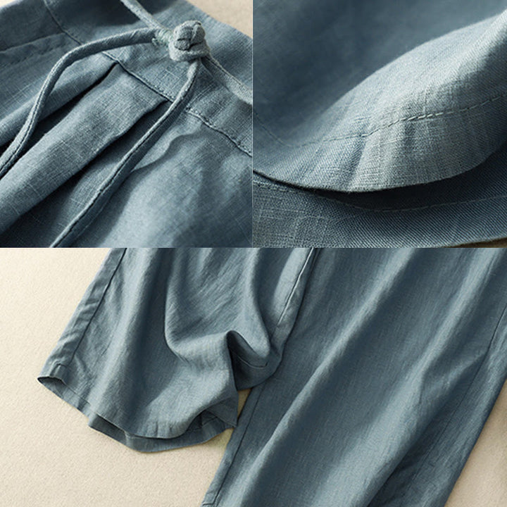 Buddha Stones Wiosna Casual Jednokolorowe Spodnie ze Sznurkiem Projekt Damskie Bawełniane Lniane Szerokie Nogawki 7-8 Długość Z Kieszeniami - image 8