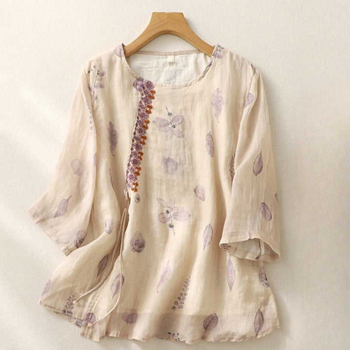 Koszula damska z bawełny i lnu z rękawem trzy czwarte, haftowane Buddha Stones, liście - OldLace - US12, UK/AU16, EU44 (2XL) - image 0