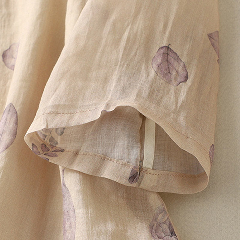 Koszula damska z bawełny i lnu z rękawem trzy czwarte, haftowane Buddha Stones, liście - image 8