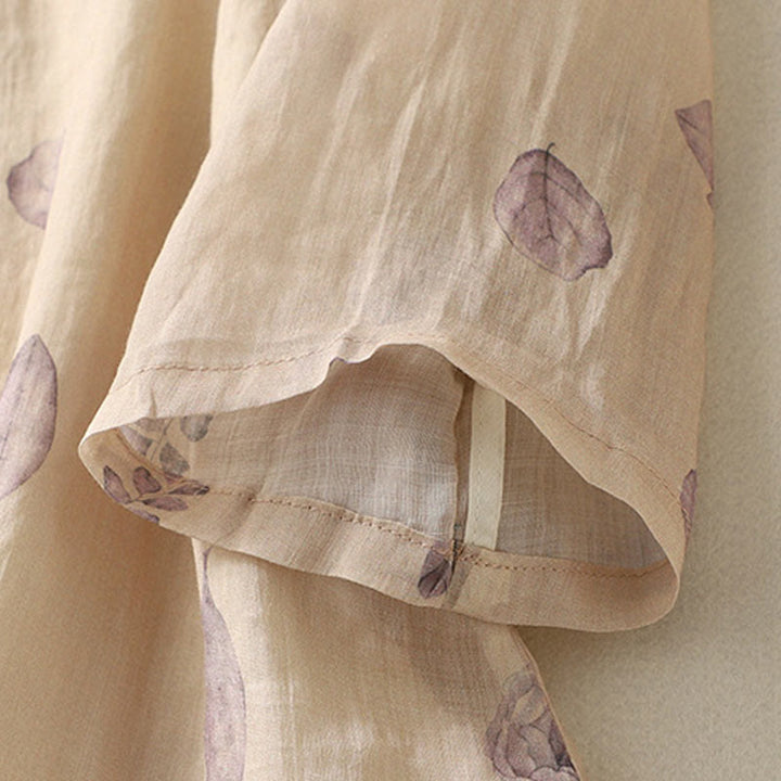 Koszula damska z bawełny i lnu z rękawem trzy czwarte, haftowane Buddha Stones, liście - image 8