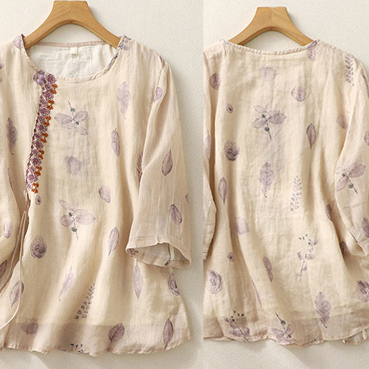 Koszula damska z bawełny i lnu z rękawem trzy czwarte, haftowane Buddha Stones, liście - image 3