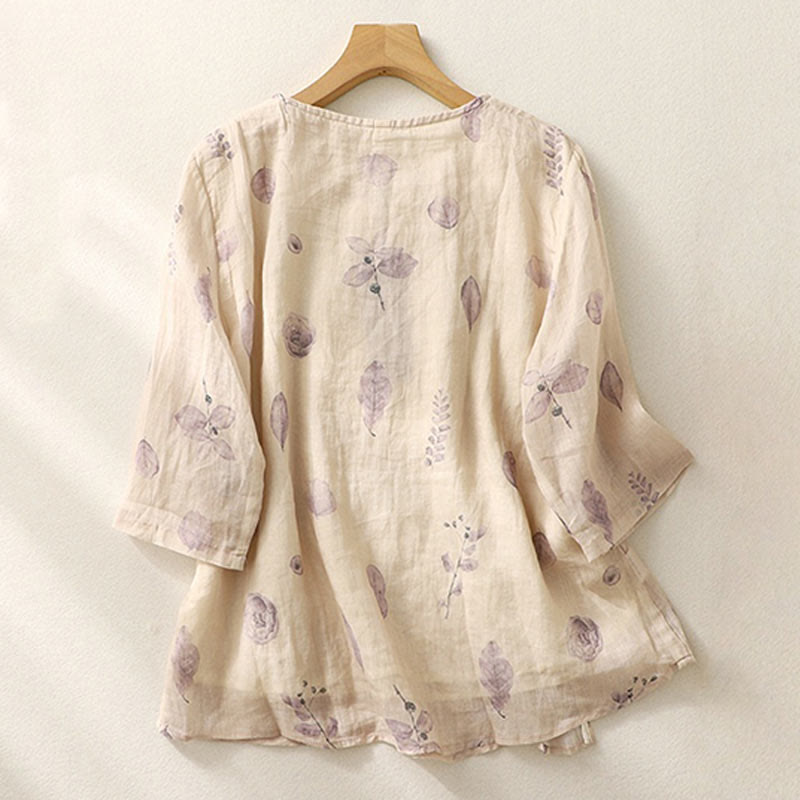 Koszula damska z bawełny i lnu z rękawem trzy czwarte, haftowane Buddha Stones, liście - image 2