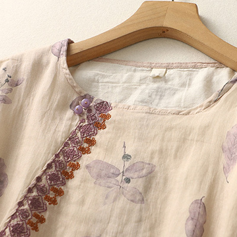 Koszula damska z bawełny i lnu z rękawem trzy czwarte, haftowane Buddha Stones, liście - image 4