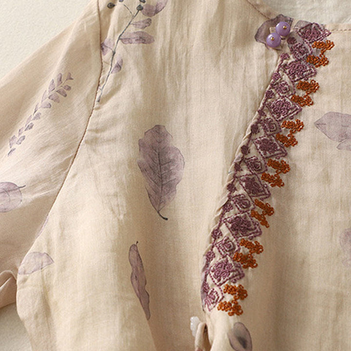 Koszula damska z bawełny i lnu z rękawem trzy czwarte, haftowane Buddha Stones, liście - image 7