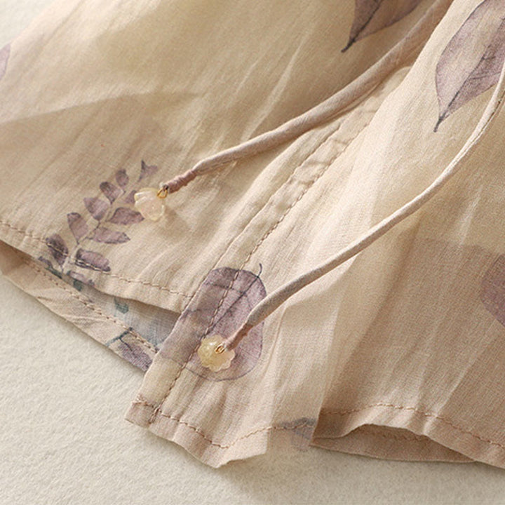 Koszula damska z bawełny i lnu z rękawem trzy czwarte, haftowane Buddha Stones, liście - image 10