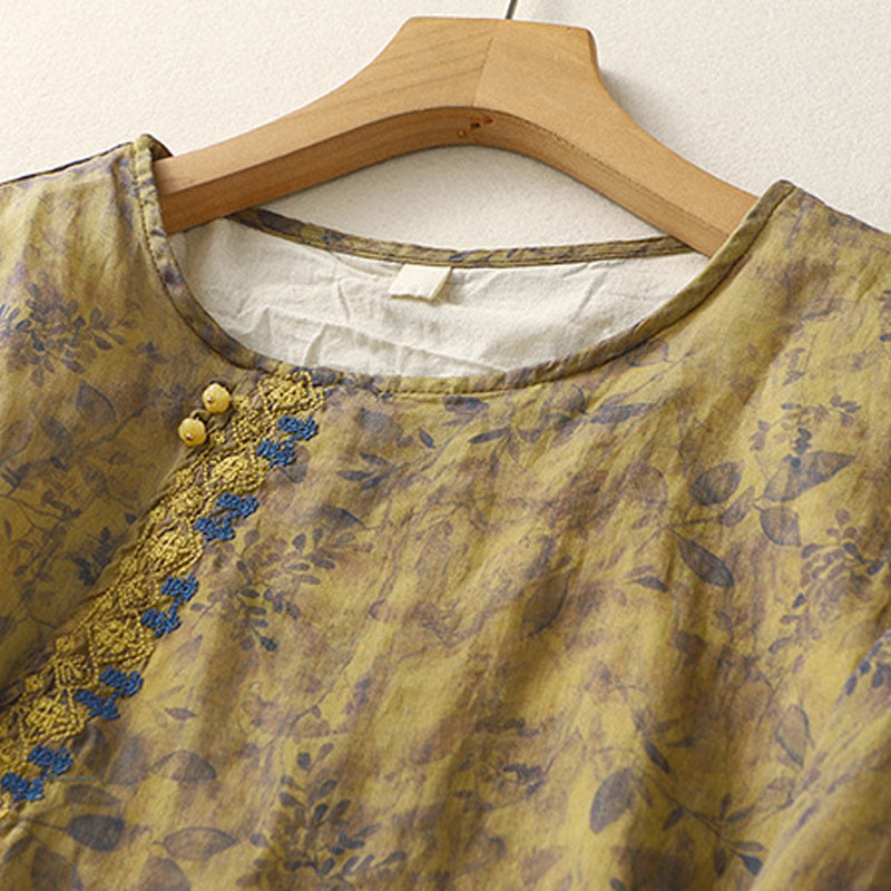 Koszula damska z bawełny i lnu z rękawem trzy czwarte, haftowane Buddha Stones, liście - image 15