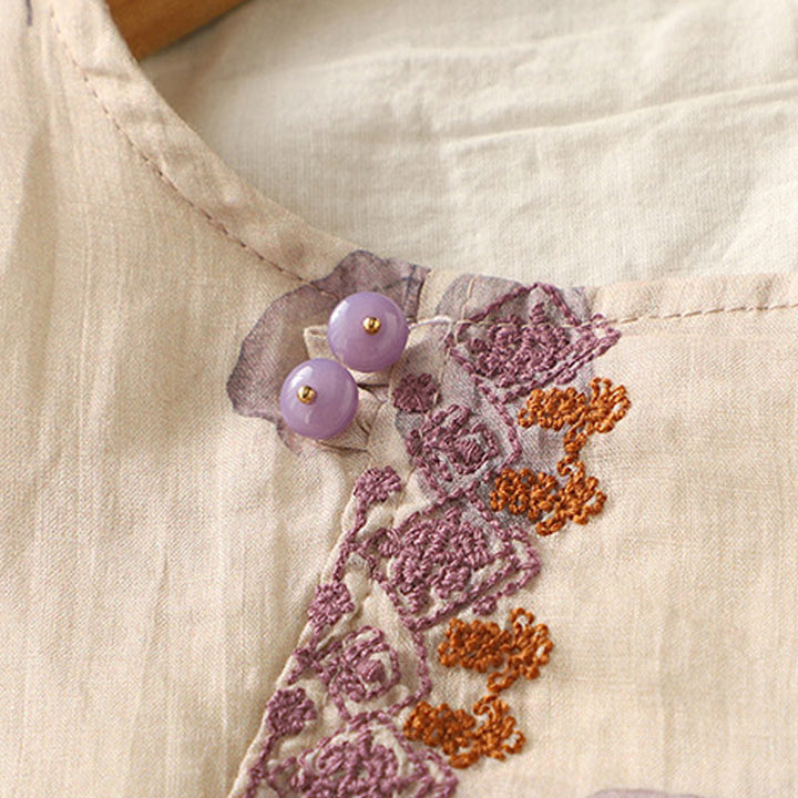 Koszula damska z bawełny i lnu z rękawem trzy czwarte, haftowane Buddha Stones, liście - image 5