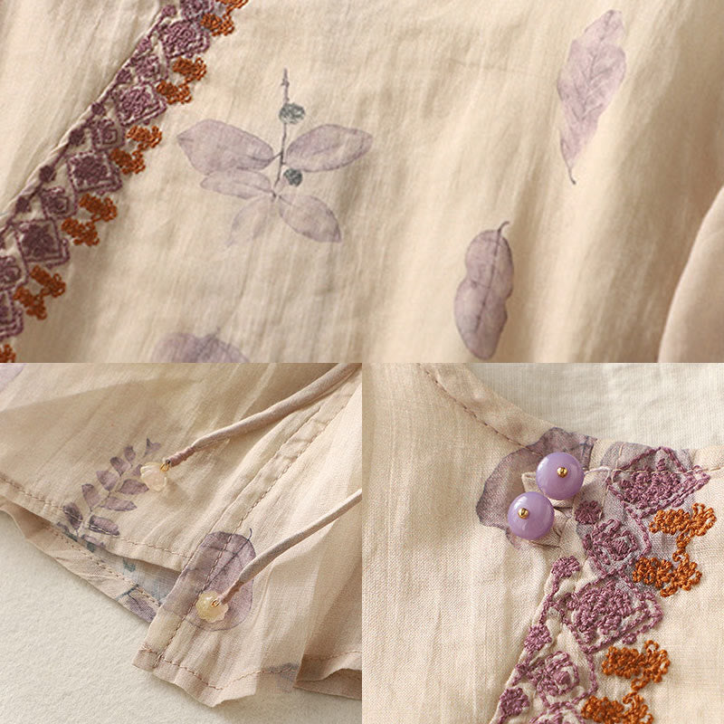 Koszula damska z bawełny i lnu z rękawem trzy czwarte, haftowane Buddha Stones, liście - image 11