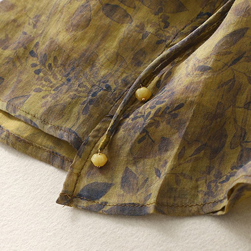 Koszula damska z bawełny i lnu z rękawem trzy czwarte, haftowane Buddha Stones, liście - image 17