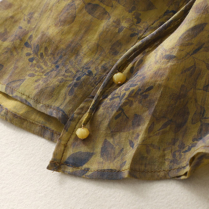 Koszula damska z bawełny i lnu z rękawem trzy czwarte, haftowane Buddha Stones, liście - image 17