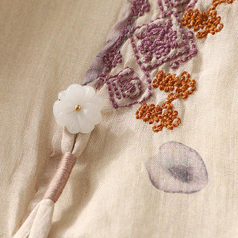 Koszula damska z bawełny i lnu z rękawem trzy czwarte, haftowane Buddha Stones, liście - image 6