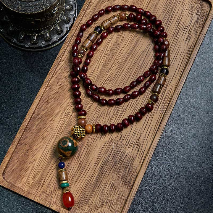 Buddha Stones Tybetańskie Ręcznie Robione Drewno Wenge Ochrona Dzi Koralik Naszyjnik Głowa Słonia Wisiorek