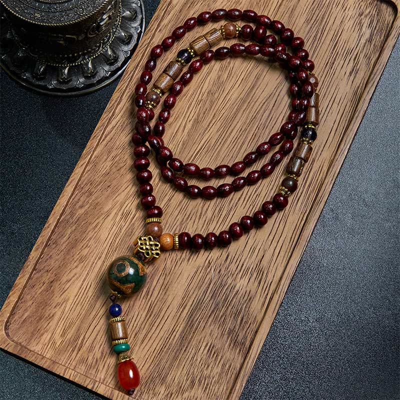 Buddha Stones Tybetańskie Ręcznie Robione Drewno Wenge Ochrona Dzi Koralik Naszyjnik Głowa Słonia Wisiorek - Drewno Wenge i Trójoczny Koralik Dzi - image 0