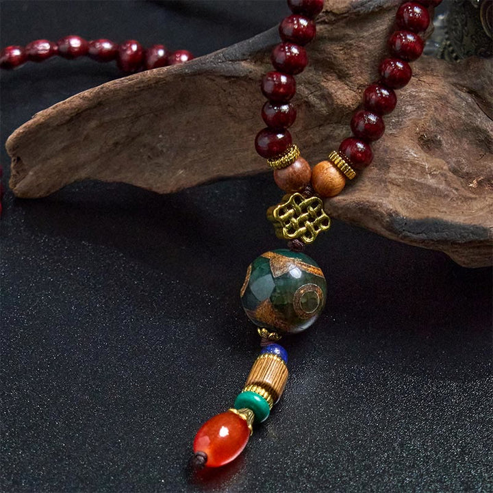 Buddha Stones Tybetańskie Ręcznie Robione Drewno Wenge Ochrona Dzi Koralik Naszyjnik Głowa Słonia Wisiorek