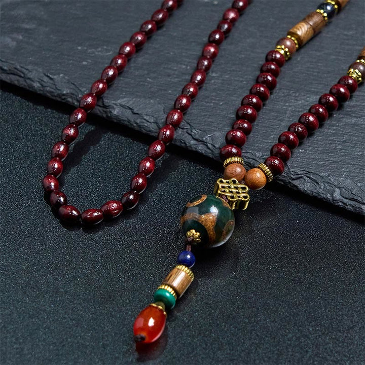 Buddha Stones Tybetańskie Ręcznie Robione Drewno Wenge Ochrona Dzi Koralik Naszyjnik Głowa Słonia Wisiorek
