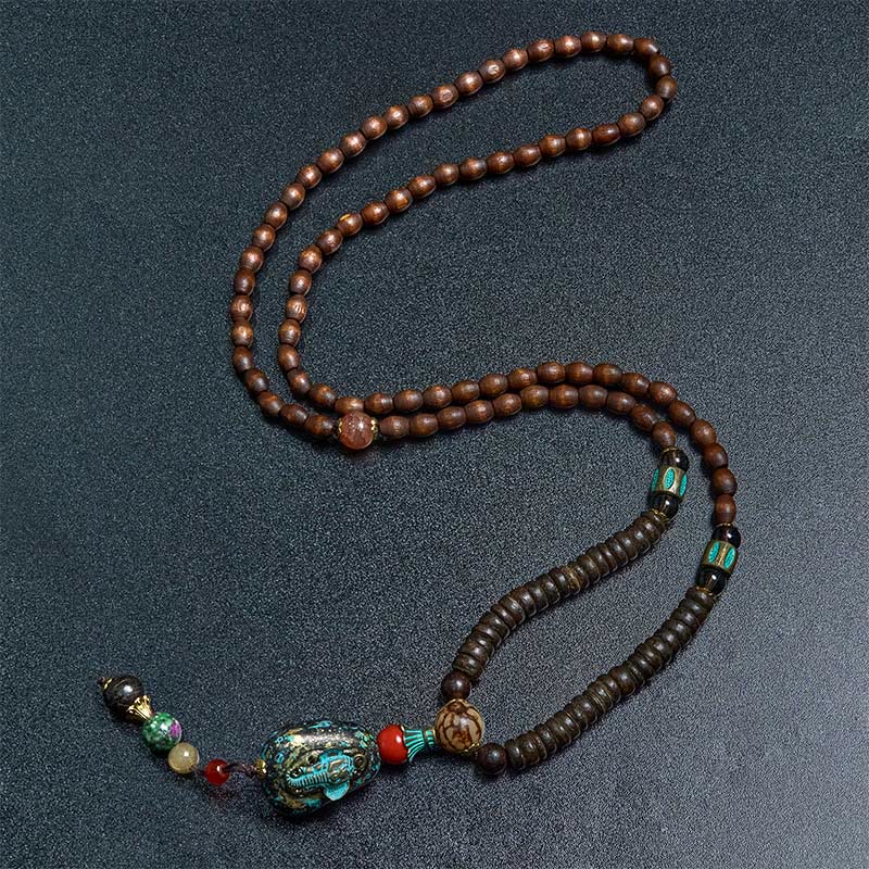 Buddha Stones Tybetańskie Ręcznie Robione Drewno Wenge Ochrona Dzi Koralik Naszyjnik Głowa Słonia Wisiorek