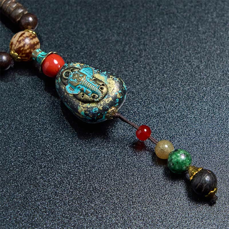 Buddha Stones Tybetańskie Ręcznie Robione Drewno Wenge Ochrona Dzi Koralik Naszyjnik Głowa Słonia Wisiorek