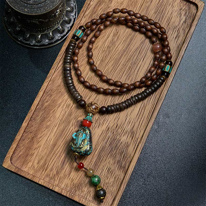 Buddha Stones Tybetańskie Ręcznie Robione Drewno Wenge Ochrona Dzi Koralik Naszyjnik Głowa Słonia Wisiorek