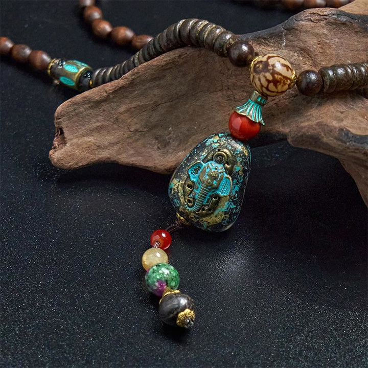 Buddha Stones Tybetańskie Ręcznie Robione Drewno Wenge Ochrona Dzi Koralik Naszyjnik Głowa Słonia Wisiorek