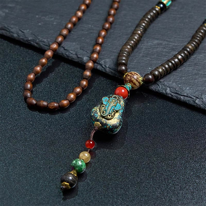 Buddha Stones Tybetańskie Ręcznie Robione Drewno Wenge Ochrona Dzi Koralik Naszyjnik Głowa Słonia Wisiorek