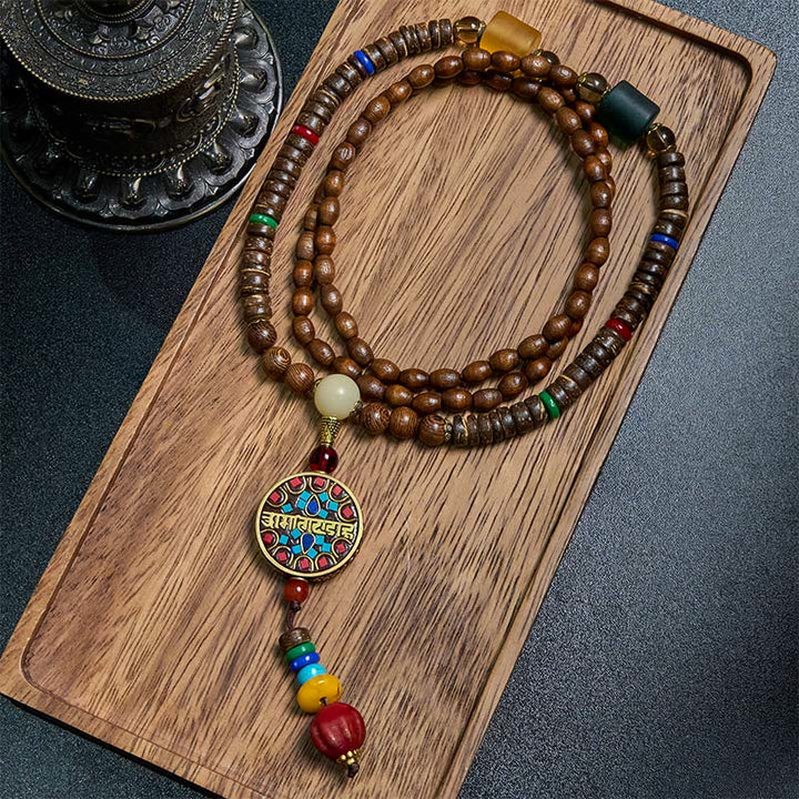 Buddha Stones Tybetańskie Ręcznie Robione Skorupki Kokosa Schima Drewno Wielki Jasny Mantra Miedziany Koralik Równowaga Naszyjnik Wisiorek