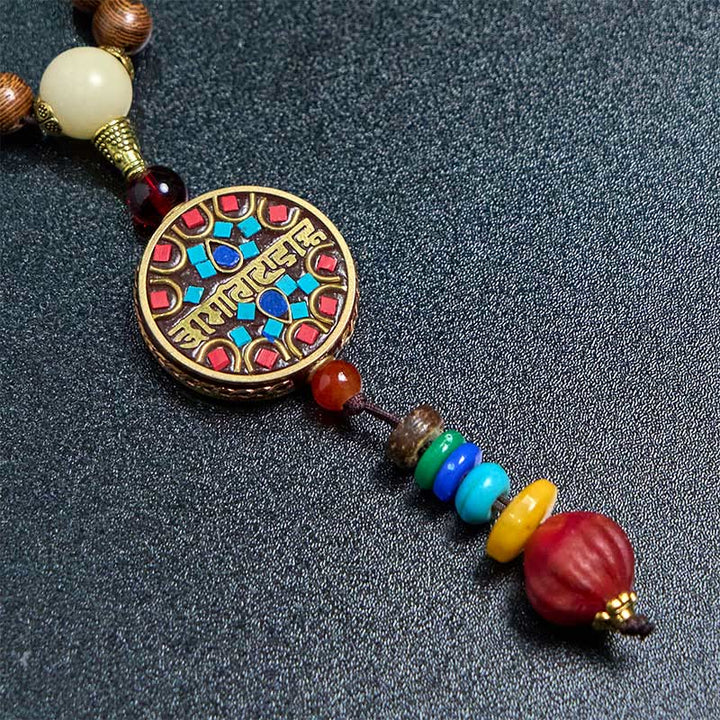 Buddha Stones Tybetańskie Ręcznie Robione Skorupki Kokosa Schima Drewno Wielki Jasny Mantra Miedziany Koralik Równowaga Naszyjnik Wisiorek
