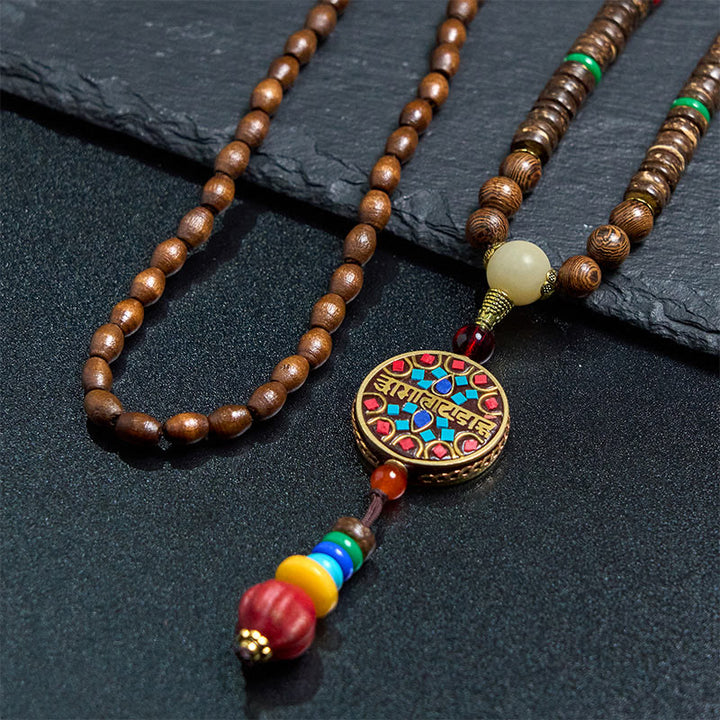 Buddha Stones Tybetańskie Ręcznie Robione Skorupki Kokosa Schima Drewno Wielki Jasny Mantra Miedziany Koralik Równowaga Naszyjnik Wisiorek