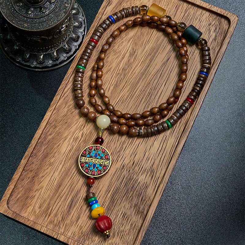 Buddha Stones Tybetańskie Ręcznie Robione Skorupki Kokosa Schima Drewno Wielki Jasny Mantra Miedziany Koralik Równowaga Naszyjnik Wisiorek - Schima Wood&Great Bright Mantra - image 0