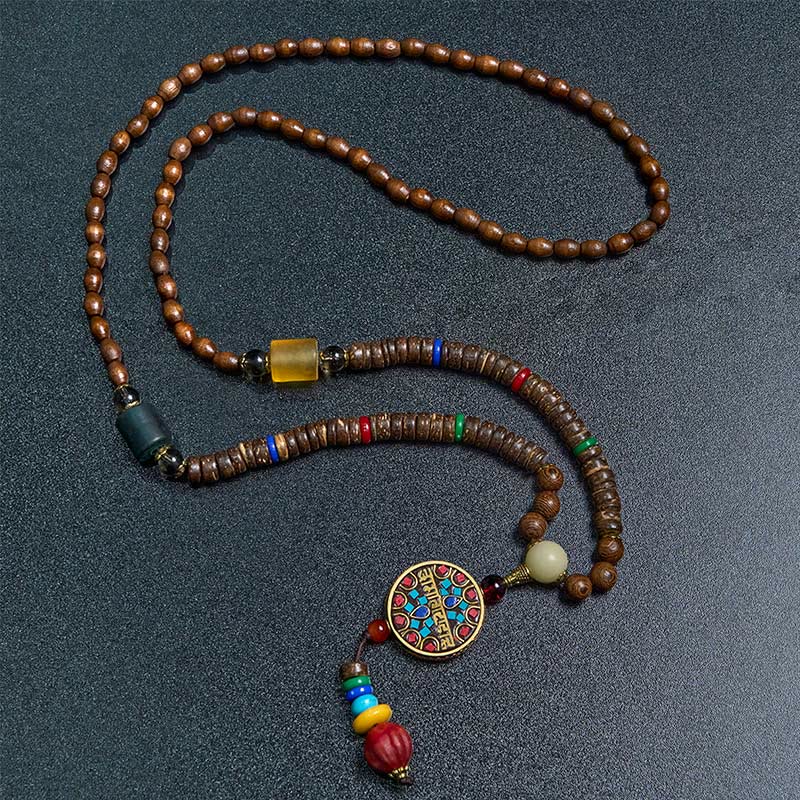 Buddha Stones Tybetańskie Ręcznie Robione Skorupki Kokosa Schima Drewno Wielki Jasny Mantra Miedziany Koralik Równowaga Naszyjnik Wisiorek