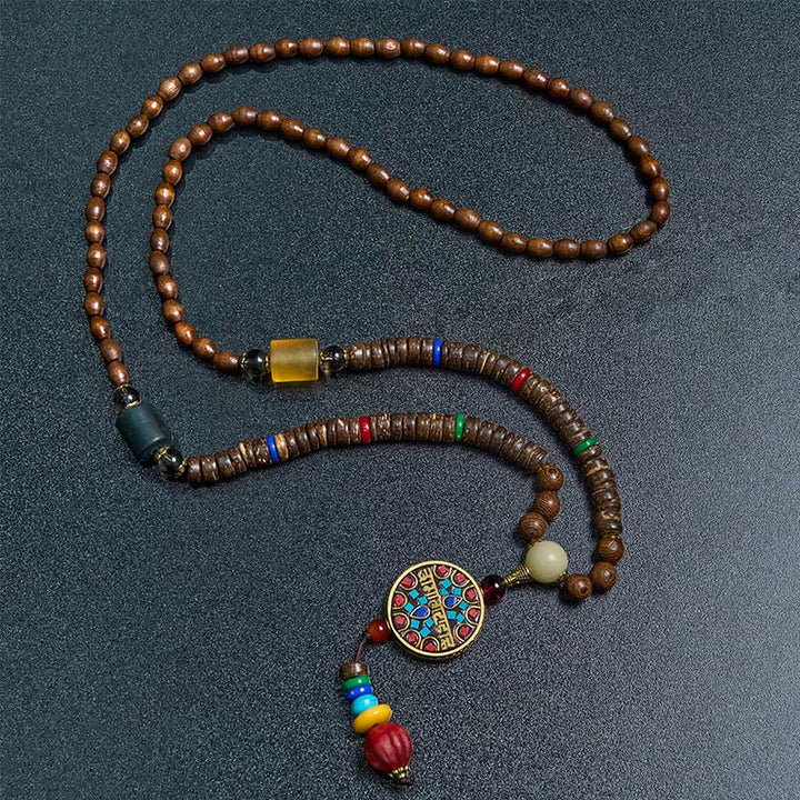 Buddha Stones Tybetańskie Ręcznie Robione Skorupki Kokosa Schima Drewno Wielki Jasny Mantra Miedziany Koralik Równowaga Naszyjnik Wisiorek