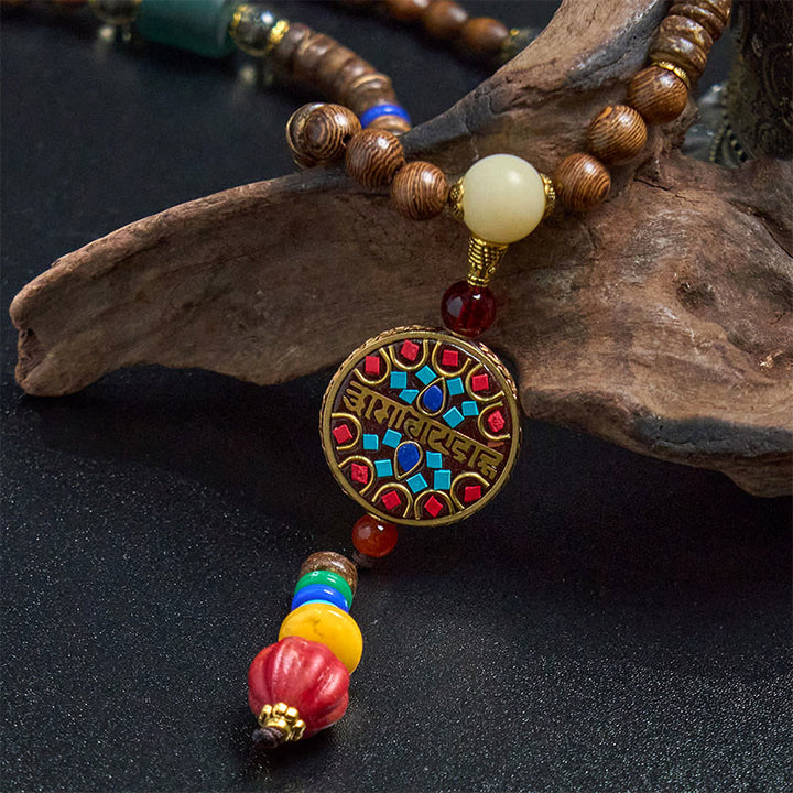 Buddha Stones Tybetańskie Ręcznie Robione Skorupki Kokosa Schima Drewno Wielki Jasny Mantra Miedziany Koralik Równowaga Naszyjnik Wisiorek