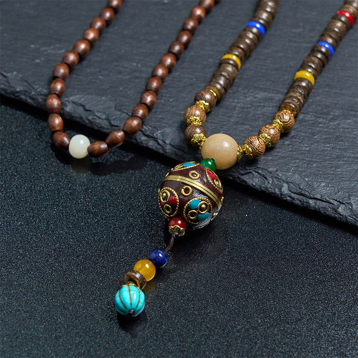 Buddha Stones Tybetańskie Ręcznie Robione Skorupki Kokosa Schima Drewno Wielki Jasny Mantra Miedziany Koralik Równowaga Naszyjnik Wisiorek