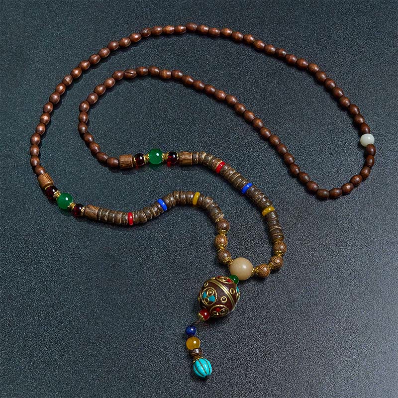 Buddha Stones Tybetańskie Ręcznie Robione Skorupki Kokosa Schima Drewno Wielki Jasny Mantra Miedziany Koralik Równowaga Naszyjnik Wisiorek
