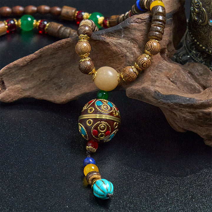 Buddha Stones Tybetańskie Ręcznie Robione Skorupki Kokosa Schima Drewno Wielki Jasny Mantra Miedziany Koralik Równowaga Naszyjnik Wisiorek