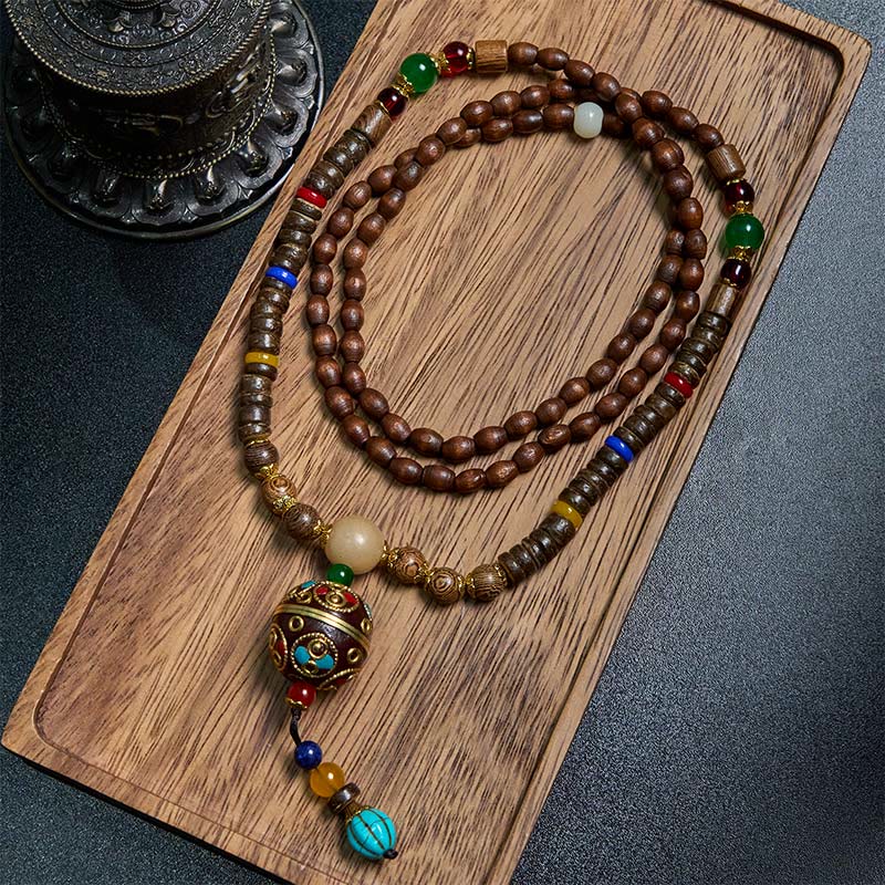 Buddha Stones Tybetańskie Ręcznie Robione Skorupki Kokosa Schima Drewno Wielki Jasny Mantra Miedziany Koralik Równowaga Naszyjnik Wisiorek
