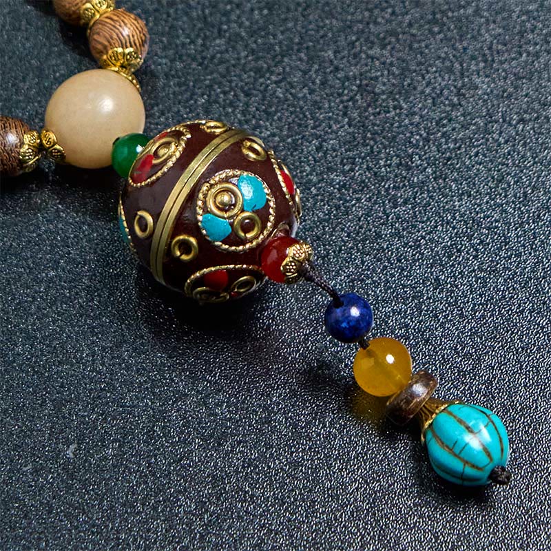 Buddha Stones Tybetańskie Ręcznie Robione Skorupki Kokosa Schima Drewno Wielki Jasny Mantra Miedziany Koralik Równowaga Naszyjnik Wisiorek