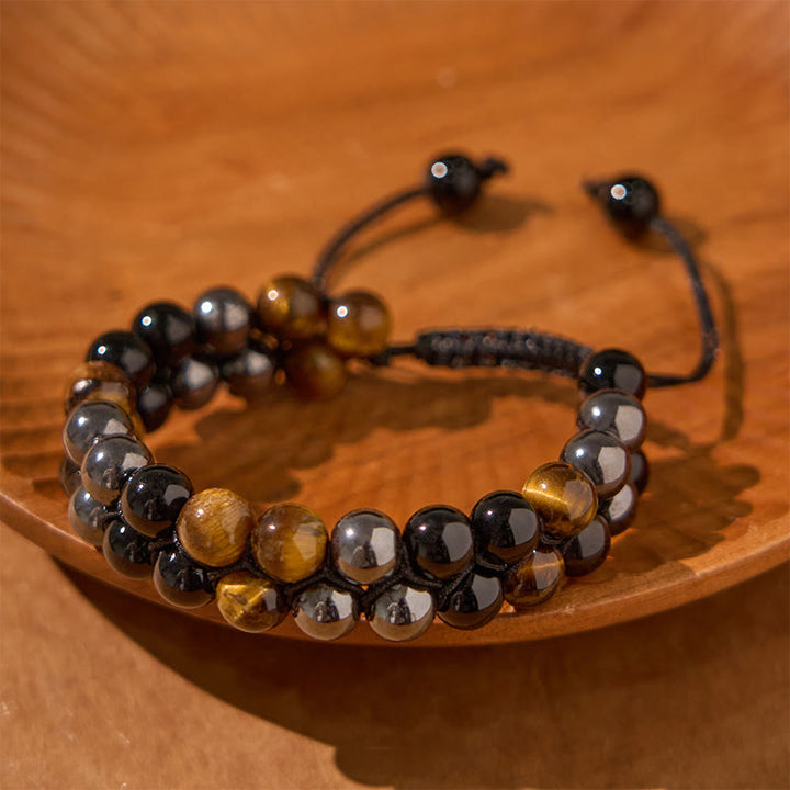 Buddha Stones Naturalne Tygrysie Oko Czarny Magnetyt Czarny Onyks Dwurzędowe Koraliki Bransoletka Ochronna