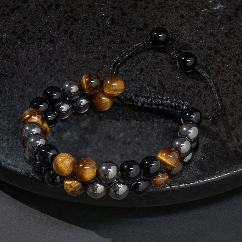 Buddha Stones Naturalne Tygrysie Oko Czarny Magnetyt Czarny Onyks Dwurzędowe Koraliki Bransoletka Ochronna
