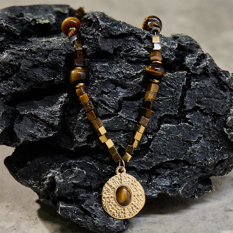 Buddha Stones Naturalne Tygrysie Oko Kwadratowa Ochrona Naszyjnik Wisiorek Ze Stali Tytanowej