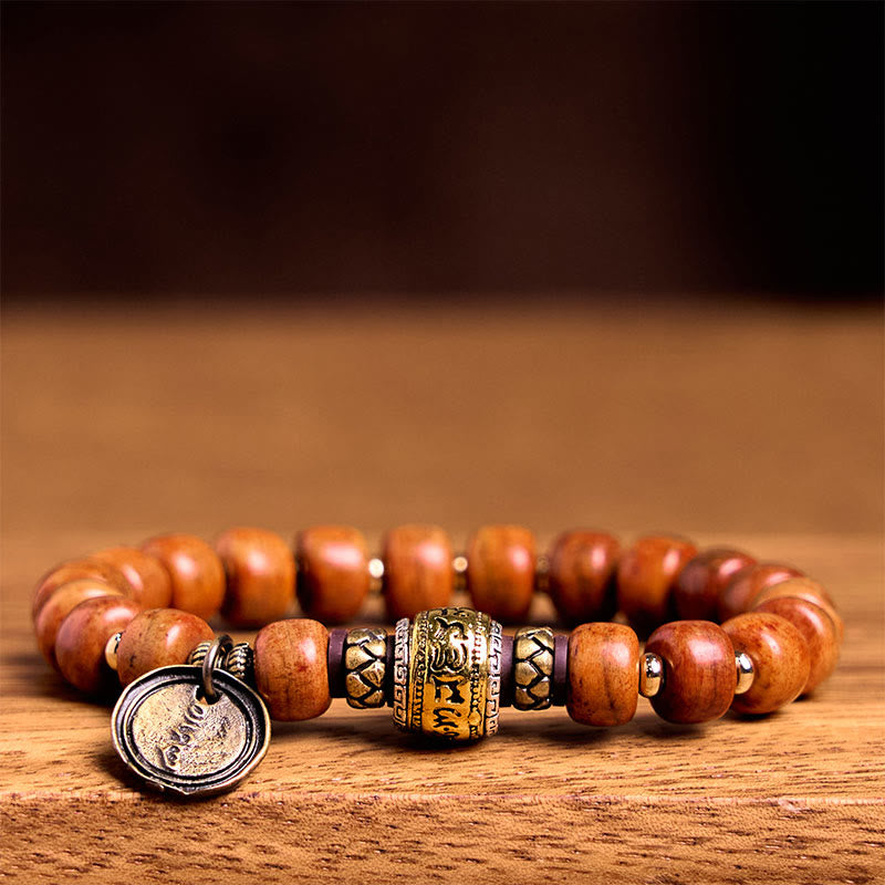 Buddha Stones Naturalne Tybetańskie Koraliki z Kości Wielbłąda OM Sanskrit Ochrona Szczęścia Bransoletka