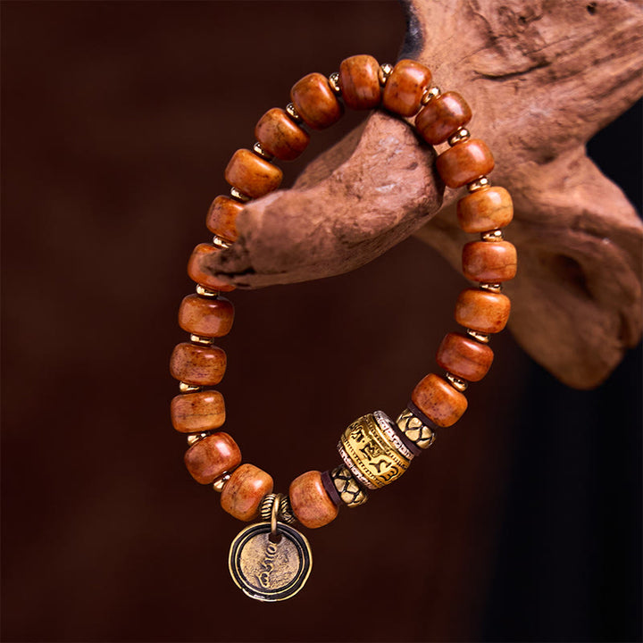 Buddha Stones Naturalne Tybetańskie Koraliki z Kości Wielbłąda OM Sanskrit Ochrona Szczęścia Bransoletka