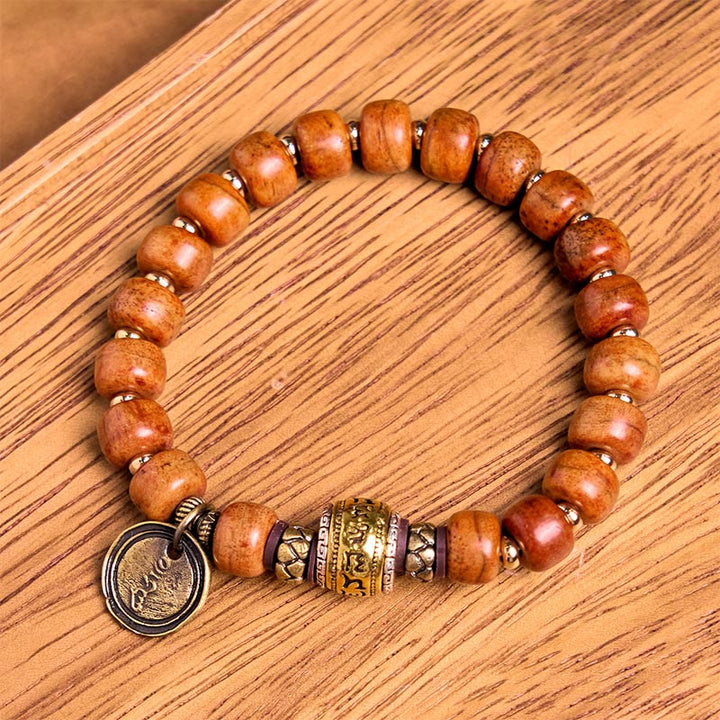 Buddha Stones Naturalne Tybetańskie Koraliki z Kości Wielbłąda OM Sanskrit Ochrona Szczęścia Bransoletka