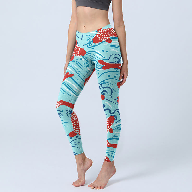 Buddha Stones Koi Fish Wave Pattern Print Gym Legginsy Damskie Spodnie do Jogi - Cyjan - US18, UK/AU22, EU50 (4XL) - image 1