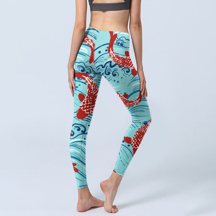 Buddha Stones Koi Fish Wave Pattern Print Gym Legginsy Damskie Spodnie do Jogi - image 4