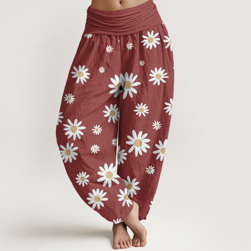 Spodnie haremowe damskie z elastycznym pasem i wzorem w białe stokrotki z motywem kamieni Buddha Stones - IndianRed - US22, UK/AU26, EU54 (6XL) - image 5