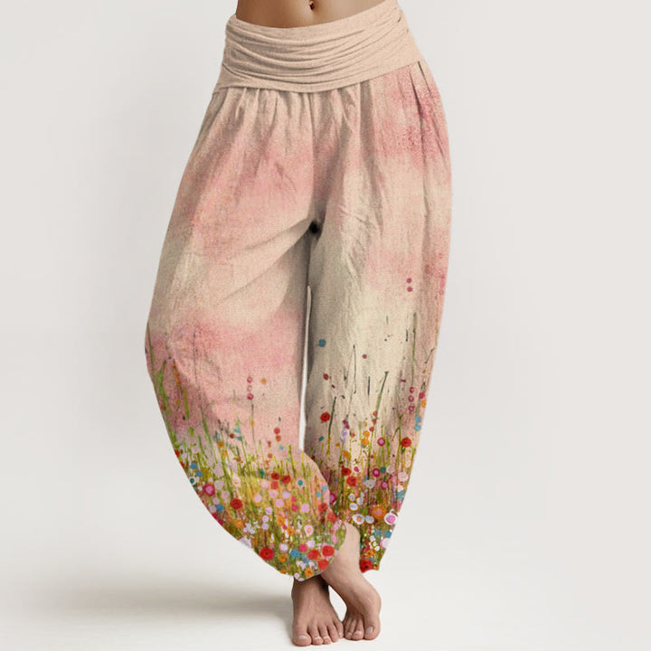 Spodnie haremowe damskie z elastyczną talią i kolorowym wzorem w kwiaty polne, z motywem kamieni Buddha Stones - For - US22, UK/AU26, EU54 (6XL) - image 0