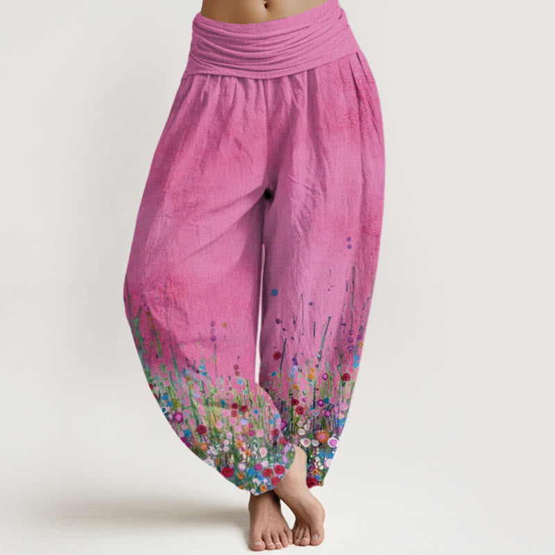 Buddha Stones Casual Kolorowe Polne Kwiaty Wzór Damskie Elastyczne Spodnie Haremowe - Głęboki róż - US22, UK/AU26, EU54 (6XL) - image 8
