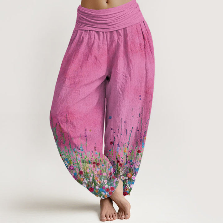 Buddha Stones Casual Kolorowe Polne Kwiaty Wzór Damskie Elastyczne Spodnie Haremowe - Głęboki róż - US22, UK/AU26, EU54 (6XL) - image 8
